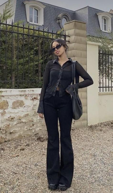 Low Waisted Suit Pants Outfit, Going Out Work Outfits, Black Pants Concert Outfit, Interesting Style Outfit, All Black Vintage Outfit, All Black Date Night Outfit Winter, Black Jean Flares Outfit, Black Bootcut Trousers Outfit, Black Outfits For Cosmetology School