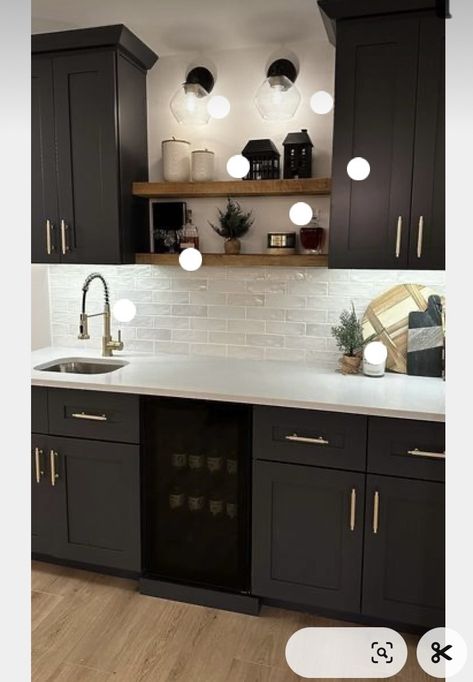 Basement Cabinets Bar, Gray Wet Bar Cabinets, Wet Bar With Tile Backsplash, Basement Bar Green Cabinets, Modern Small Bar Ideas For Home Basement, Wet Bar Counter, Basement Ideas Wet Bar, Black Basement Kitchenette, Basement Back Bar