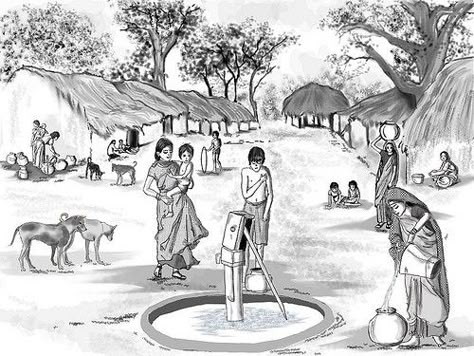 Village Well Drawing, My Village Drawing, Scene Drawing Reference, Village Scene Drawing, Village Drawing, Landscape Pencil Drawings, Memory Drawing, Composition Drawing, Drawings Sketches Pencil