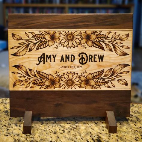 Visit my contact page to order your very own personalized board! Woodburn Name Signs, Woodburning Names Signs, Charcuterie Board Artwork, Couple Wood Burning Ideas, Woodburn Wedding Gift, Romantic Wood Burning Ideas, Pyrography Wedding Ideas, Wood Burn Wedding Sign, Wood Burn Wedding Gift