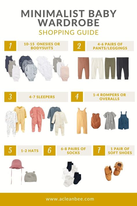 Curate a minimalist baby wardrobe by considering your favorite color scheme, weather, baby sizes, and your preferred laundry schedule. #capsulewardrobe #minimalistbaby #minimalistbabywardrobe #babycapsulewardrobe #minimalistbaby #ecofriendlybaby #lowwastebaby #zerowastebaby How Many Outfits For Baby In Each Size, How Many Baby Clothes Of Each Size, Baby Clothes Checklist, Minimalist Baby Nursery, Baby Capsule Wardrobe, Minimalist Nursery Ideas, Baby Wardrobe Ideas, Minimalist Baby Essentials, Cute Baby Things