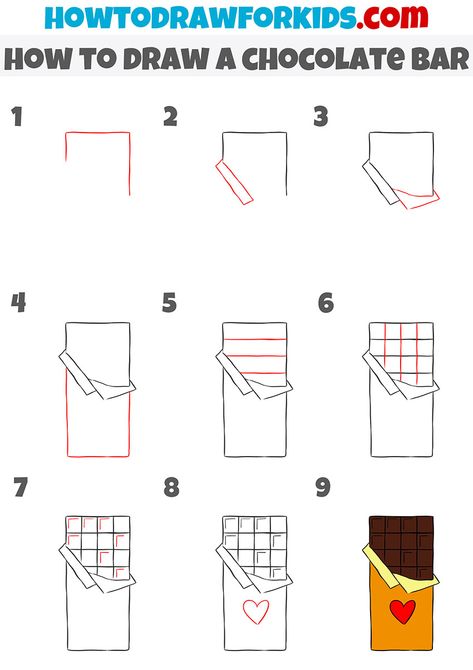 how to draw a chocolate bar step by step Easy Desserts Drawing, Chocolate Easy Drawing, How To Draw A Chocolate Bar, Chocolate Art Drawing, Chocolate Bar Doodle, How To Draw Desserts Step By Step, How To Draw Candy Step By Step, Drawing Food Step By Step, Food Drawing Easy Step By Step