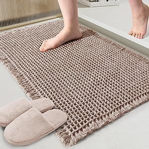 ZALL Tan Waffle Bath Mat,Super Absorbent Non Slip Bathroom Rug,Brown 18x30inch,Machine Washable Ultra Soft Floor Mats Batroom Rugs, Bathroom Rug Alternative, Rugs For Double Sink, Cream Bathroom Rug, Runner In Bathroom Ideas, Aesthetic Bathroom Mat, Cute Bathroom Rug, Cozy Apartment Bathroom, Bath Rugs Ideas