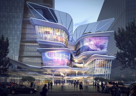 Aedas Reveal Dynamic New Design For The Shenzhen Luoho Friendship Trading Centre Fox Trap, Mall Facade, Shopping Mall Architecture, Futuristic Building, Future Buildings, Facade Lighting, Architectural Competition, Mall Design, Unique Buildings