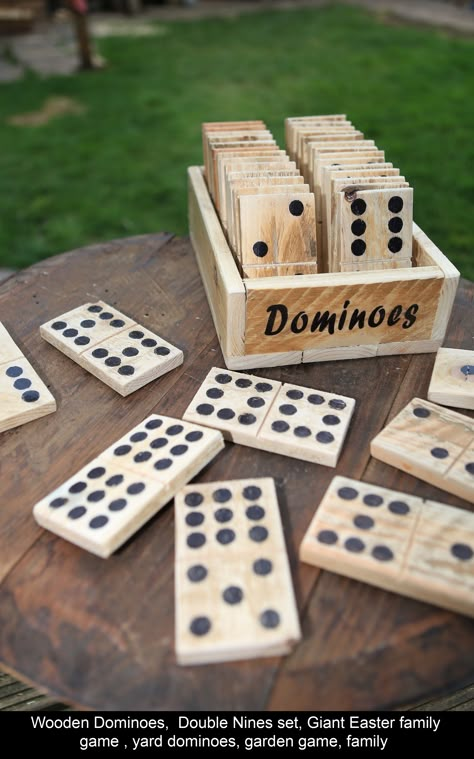 Full double nines set of 55 very rustic but unique and charming handmade wooden pallet dominoes for outdoor family fun. The perfect game for family reunions, barbeques, outdoor wedding receptions. Each domino is cut to a rough size of 13cm by 7cm (5"x2.5") as to fit in with the pallet wood ethos each piece has been only lightly sanded to retain the original character of the wood. The set comes with its own box which also has been lightly sanded a Yard Dominos, Garden Party Games, Diy Yard Games, Handmade Games, Outdoor Game, Garden Games, Wood Games, Dominoes Set, Recycled Pallet