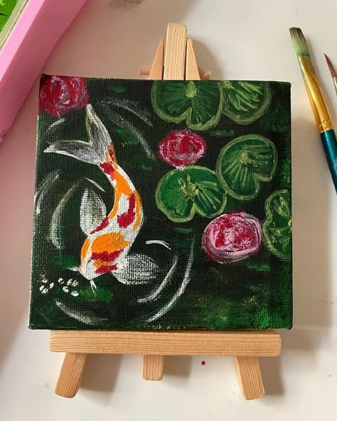 Koi Fish Painting Canvas, Painting Inspiration Small Canvas, Gouache Paintings Aesthetic, Mini Acrylic Painting Ideas, Gouache Mini Painting, 6x6 Painting Ideas, Small Square Painting Ideas, Small Gouache Painting, Mini Gouache Painting