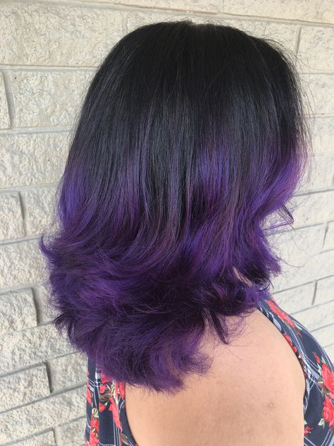 Hair Color Black And Purple, Black Fade Into Purple Hair, Short Hair With Purple Ends, Dark Purple Ends Hair, Black Roots With Purple Hair, Black And Purple Wolfcut, Purple Highlights In Dark Brown Hair, Butterfly Haircut Purple Hair, Black Into Purple Hair