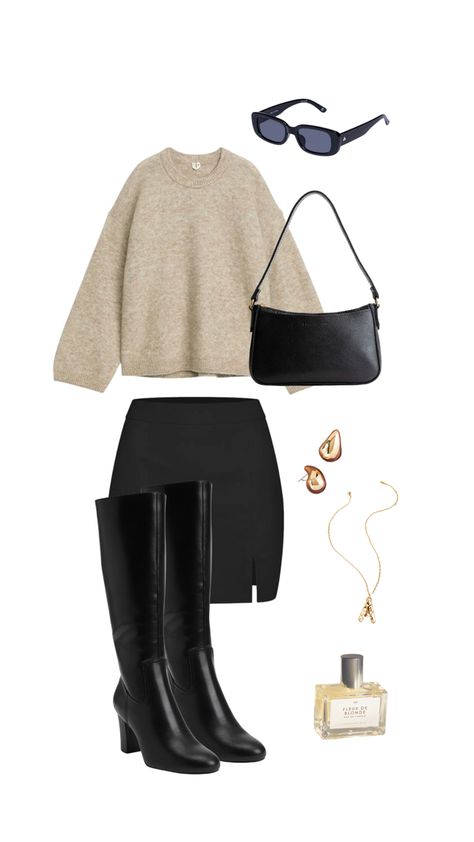 Outfit Inspo With Leather Skirt, Black Skirt Date Outfit, Black Mini Skirt Knee High Boots Outfit, Sparkly Black Skirt Outfit, Fall Black Mini Skirt Outfit, Brown And Black Outfits For Women, Black Skirt And Boots Outfit, Fall Skirt And Sweater Outfits, Skirt Date Outfit