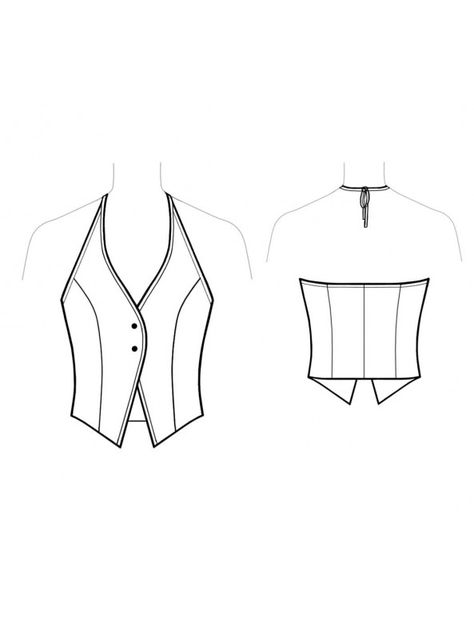 Halter Top Technical Drawing, Halter Vest Pattern, Dress Outline Template, Vest Technical Drawing, Technical Flats Fashion, Vest Sketch, Blouse Flat Sketch, Top Technical Drawing, Flat Sketches Fashion