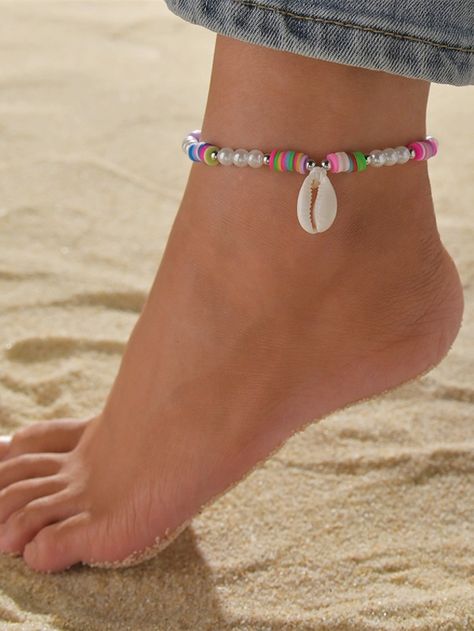 Multicolor Vacation   Shell  Anklet Embellished   Jewelry Anklet With Beads, Seed Beads Anklet, Cute Anklet Ideas, Anklet Ideas Clay Beads, Clay Beads Anklet Ideas, Shell Anklet Diy, Anklet Ideas Bead, Clay Bead Anklet Ideas Summer, Clay Bead Anklet Ideas