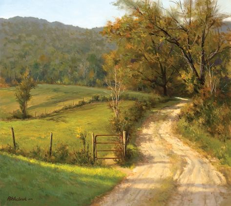 John Pototschnik, Rural Hideaway, oil, 25 x 28. - Southwest Art Magazine John Pototschnik, Farm Paintings, Landscape Photography Tips, Art Magazine, Southwest Art, Country Scenes, Dirt Road, Rural Landscape, Alam Yang Indah