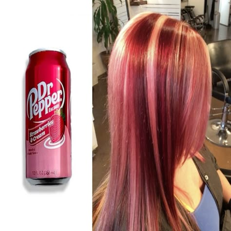 ♪ #drpepper #hair #highlights #2000s Dark Red With Pink Highlights, Red Hair And Pink Highlights, Cool Pink Hair Color, Dark Pink And Blonde Hair, Strawberry Shortcake Hair Dye, 2000s Dyed Hair, Hair Color Design Ideas, Pink And Red Hair Ideas, Strawberry Matcha Hair