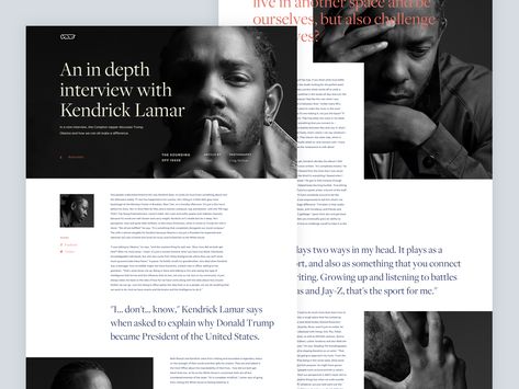 By Jonathan Vuijk. This is a concept redesign of an interesting interview with Kendrick Lamar by Vice. #conceptdesign #interview #layout #blog #vice #design #layoutdesign #inspiration #branding #typography #elegant Magazine Interview Layout Design, Interview Design Layout, Interview Layout Design, Interview Magazine Layout, Magazine Interview Layout, Interview Layout, Typography Elegant, Newspaper Design Layout, Layout Book