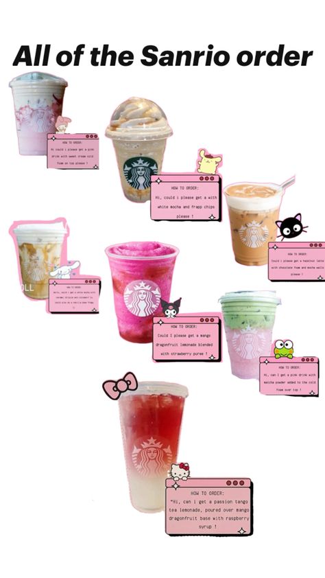 Sanrio Starbucks, Sanrio Drinks, New Starbucks Drinks, Starbucks Drinks Ideas, Starbucks Copycat Recipes Drinks, Starbucks Drink Orders, Order At Starbucks, Starbucks Drink Menu, Starbucks Copycat Recipes