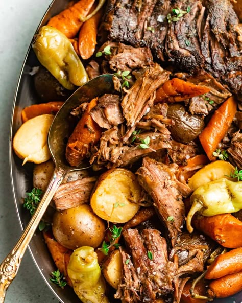 Mississippi Pot Roast - Britney Breaks Bread Roast With Pepperoncini, Chuck Roast Crock Pot Recipes, Slow Cooker Mississippi Pot Roast, Entertaining Dishes, Roasted Potatoes And Carrots, Pot Roast Crock Pot Recipes, Crock Pot Potatoes, Pot Roast Recipe, Mississippi Pot Roast