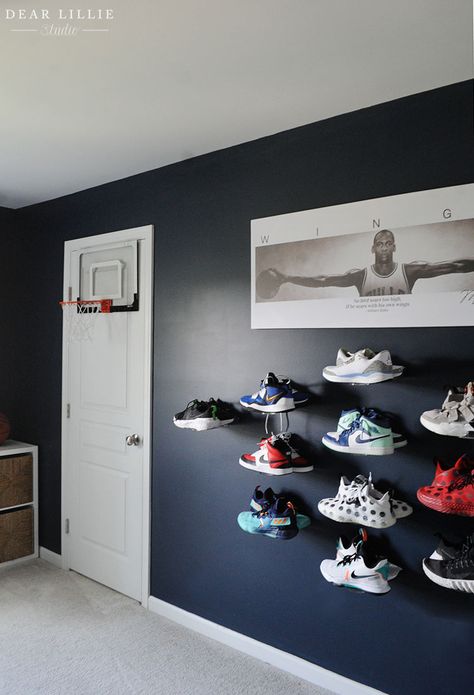 A Shoe Wall For Lola's New Room - Dear Lillie Studio Teen Boy Shoe Storage, Floating Shoes Wall, Display Shoes On Wall, Shoe Wall Display Bedrooms, Nike Themed Room, Sneaker Bedroom Ideas, Sneaker Head Room Ideas Boy, Shoe Wall In Bedroom, Kids Shoe Display