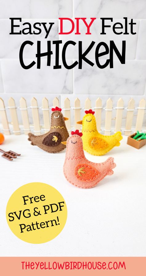 Easy DIY felt chicken tutorial with free pdf & svg pattern files! Learn how to make these fun farm chickens with this beginner friendly sewing pattern. Quick to make, you can have a whole flock of hens ready in an afternoon! Use this felt chicken DIY to make a brooch, ornament, keychain, pocket pal or add it to your seasonal decor or garlands! Felt Chicken Ornament Free Pattern, Diy Felt Chicken Ornaments, Diy Felt Farm Animals Patterns Free, Felt Farm Animals Pattern Templates, Sewing Chicken Pattern, Chicken Stuffed Animal Pattern, Chicken Sewing Patterns Free Printable, Chicken Felt Ornament, Felt Chicken Pattern Free