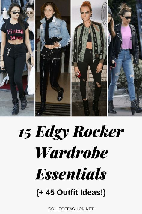 Are you looking for an edgy rockstar chic wardrobe? This list of 15 edgy rockstar chic essentials are what you need! Plus, we give you 45 outfit ideas for your edgy rockstar aesthetic! Click for all the Rockstar chic outfits! Rock And Roll Chic, Rocker Chic Outfit Glam Rock, 80’s Rocker Outfit, Rockers Girlfriend Aesthetic, Hard Rock Concert Outfit, Rocker Girl Outfits Rock Style, Rock And Roll Capsule Wardrobe, Rock And Roll Outfits Party, 80s Rockstar Outfit For Women