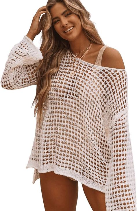 SHENHE Women's Swimsuit Coverup Crochet Hollow Out Bathing Suit Cover Ups Long Sleeve Split Hem Beach Swimwear White One Size at Amazon Women’s Clothing store Drawing Swimsuit, One Piece Skirt, High Cut One Piece Swimsuit, Swimsuit With Cover Up, Beach Vacation Packing, Backless One Piece Swimsuit, Orange Swimsuit, Suit Covers, Skirt Swimsuit