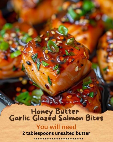 Flavor Tasty Recipes | Honey Butter Garlic Glazed Salmon Bites | Facebook Honey Butter Glazed Salmon Bites, Honey Butter Garlic Glazed Salmon Bites, Glazed Salmon Bites, Salmon Bites, Honey Garlic Salmon, Salmon Fillet, Butter Salmon, Glazed Salmon, Honey Butter