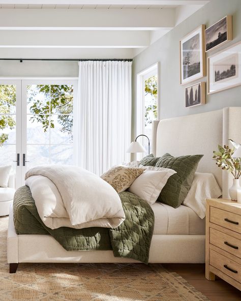 Layer on the comfort with new bedding inspiration! Which look do you love most? Pottery Barn Master Bedrooms Decor, Waffle Duvet Cover, Tufted Upholstered Bed, Center Point, Green Bedding, Master Bedrooms Decor, Room Interior Design, Book Shelf, Bedroom Inspo