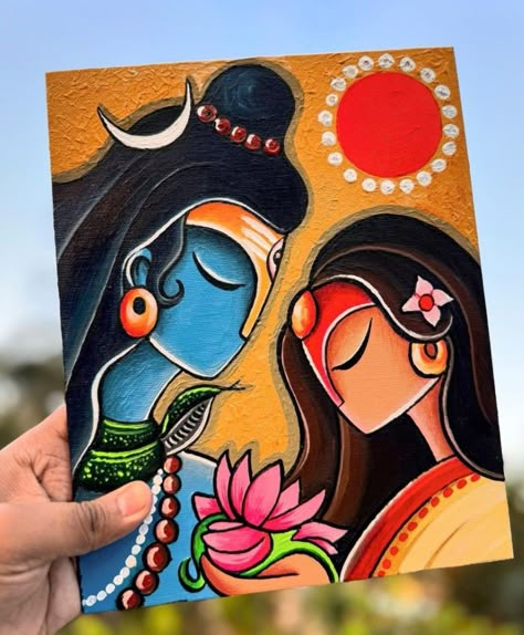 Desi Canvas Painting, Asthetic Picture Paintings, Asthetic Picture Drawing Ideas, Canvas Painting Ideas Indian Gods, Goddess Painting Easy, Painting Asthetic Picture, Indian Folk Art Easy, Asthetic Paintings Easy On Paper, God Painting Indian Easy