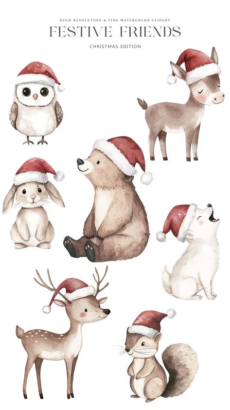 Cute Illustration Christmas, Cute Winter Animals Illustration, Christmas Illustration Animals, Cute Christmas Animals Drawings, Christmas Animal Illustration, Christmas Animal Art, Christmas Animal Drawing, Christmas Deer Drawing, How To Draw Christmas