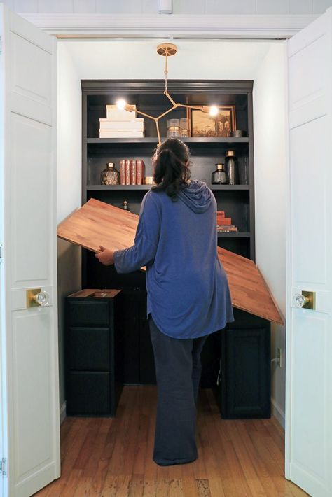 Office Nook In Bedroom, Closet To Office Conversion, Desk In Closet Ideas, Closet Turned Office, Nook In Bedroom, Hidden Office, Office Reading Nook, Cloffice Ideas, Closet Nook