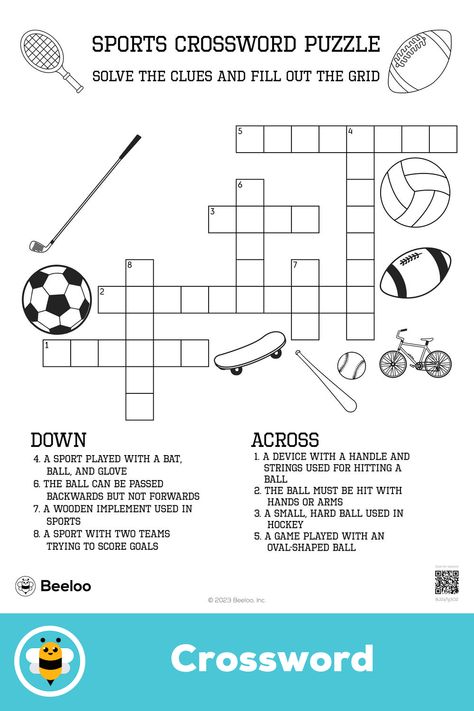 Advanced sports-themed crossword puzzle for kids ages 8 and up Sports Crossword, Sports Printables, Sports Quiz, Elementary Pe, Puzzle For Kids, Camp Crafts, English For Kids, Crafts And Activities For Kids, Crossword Puzzles