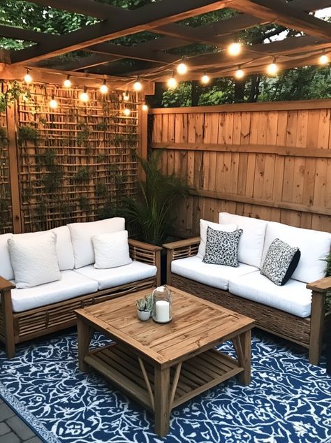 Garden Seating Ideas Corner, Patio Ideas On A Budget Apartment, Cozy Outdoor Spaces Patio, Backyard Corner Deck Ideas, Tiny Back Patio Ideas, Small Back Patio Ideas Budget, Cosy Outdoor Seating Area, Outdoor Patio Ideas Small Spaces, Tiny Yard Ideas