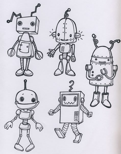 robots | robot drawings for fabric design | Star Primm | Flickr Robot Drawing Ideas, Face Drawing Easy, Robot Drawing, Robot Tattoo, Simple Face Drawing, Robot Sketch, Robot Cartoon, Robot Illustration, Arte Robot