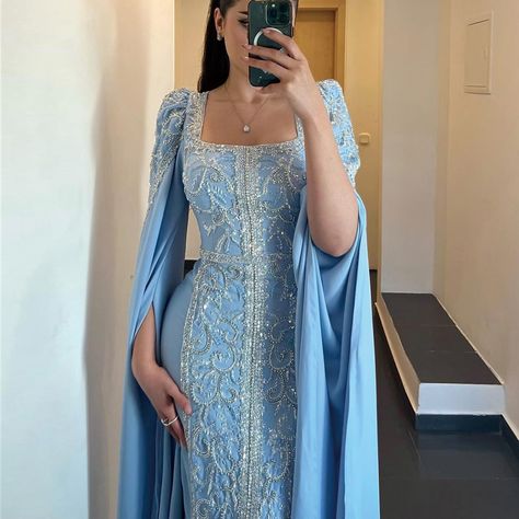 SS365 Luxury Dubai Blue Mermaid Muslim Evening Dresses with Cape Sleeves Arabic Women Wedding Engagement Party Gowns 💙💙💙 #couturedress #formaldress #wedding #guest #luxurywedding #summerwedding #couture #weddingdress #eveningdress #فساتين_زفاف #الامارات #فساتين_سهره #düğün #nişanelbisesi #bridalcouture #dreamweddingdress #bridetobe #bridalwear #مسلمون #المملكة #PartyDress #engaged Modest Prom Dresses Muslim, Nikkah Dress, Exquisite Gowns, Dress Muslim, Moroccan Dress, Prom Dresses Modest, فستان سهرة, Mermaid Evening Dresses, Modest Fashion Outfits