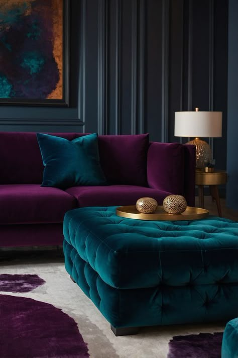 Jewel Tone Color Scheme Living Room, Jewel Tone Sitting Room, Dark Apartment Aesthetic Living Room, Royal Colours Living Rooms, Jewel Tones Interior Design Living Room, Hollywood Glam Home Decor, Small Glam Room, Purple Accent Living Room, Jewel Toned Room