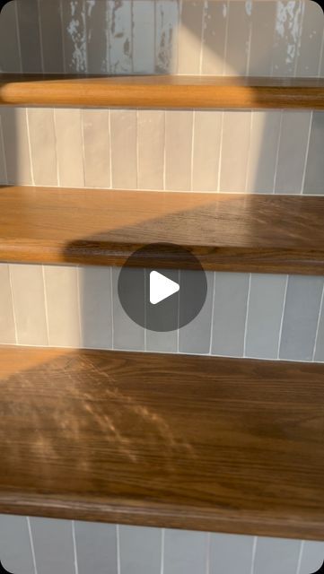 Sasha Harrison - DIY & Design- Creator on Instagram: "Here’s another look at the tile on the risers of the stairs! What do you think?" Stairs With Backsplash, Tiled Stair Risers, Tile On Stair Risers, Tiles On Stairs, Staircase Tiles Design, Stair Riser Ideas, Tiled Stairs, Stairs Tiles Design, Landing Stairs