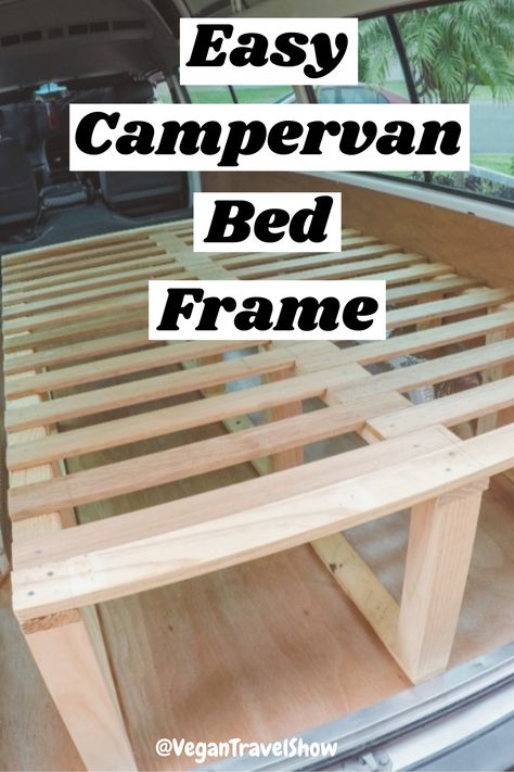 In our YouTube DIY van conversion video series we show how to build an easy and simple campervan for complete beginners. We design and install the interior of our small Toyota Hiace Commuter. Here's how to build a bed frame! Our van was custom made and designed by ourselves using only basic tools with no building experience at all! If you need ideas for your own campervan fitout check out our build series on youtube. | Vanlife Guide | Vegan Travel Show #vanbuild #diy #campervan #vanlife #offgrid Camper Van Simple, Simple Van Interior, Van Build Bed Ideas, Diy Van Bed Platform, Campervan Beds Ideas, Self Build Campervan Interior, Van Conversion Simple, Van Fitout Ideas, Campervan Bed Frame