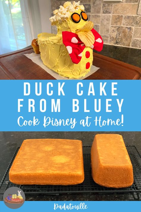 Here is a guide to making the duck cake as seen in Bluey! Anyone can do it, this was really my first time decorating a cake like this and I was able to do it! Like Bandit, it wasn’t exactly by the book, but I did my best! I had fun and my family enjoyed it, and that’s what counts! Bingo Duck Cake, Duck Cake From Bluey Cake, Diy Duck Cake Bluey, Bluey Cake Duck, Bluey Duck Cake Recipe, Bluey Birthday Cake Duck, Bluey Birthday Party Duck Cake, How To Make A Duck Cake, How To Make Bluey Duck Cake