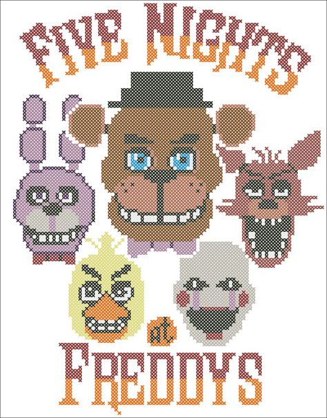 #144 BOGO FREE! -Five Nights at Freddys video game cross stitch pdf Pattern - pdf pattern instant download  For your consideration is a beautiful counted cross stitch pattern/chart as shown in the picture.  Pattern Details: This pattern is in PDF format and consists of a floss list, and a color symbol chart. A small sample of the color symbol chart is shown in the last photo. General instructions on how to make the item as shown are also provided. This listing is for a full-colour PDF pa... Video Game Cross Stitch, Game Cross Stitch, Stitch Games, Fnaf Crafts, Stitch Stuff, Plastic Canvas Stitches, Graph Paper Art, Ornament Family, Stitch Cartoon