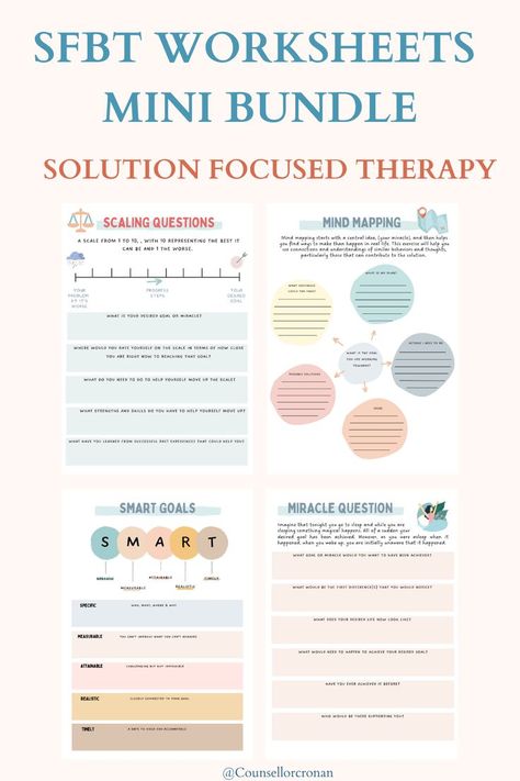 Solution-focused brief therapy (SFBT) is a strength-based approach, that focuses on solution-building rather than problem-solving. It places focus on a person's present and future circumstances and goals rather than past experiences. This bundle includes 7 worksheets in A4 size. - The miracle question - Scaling - Be your own cheerleader - Coping Skills -Exceptions - Mind Mapping -SMART Goals Miracle Question, Be Your Own Cheerleader, Math Art Activities, Therapist Tools, Smart Goals Worksheet, Goal Mapping, Therapy Questions, Dbt Therapy, Solution Focused Therapy