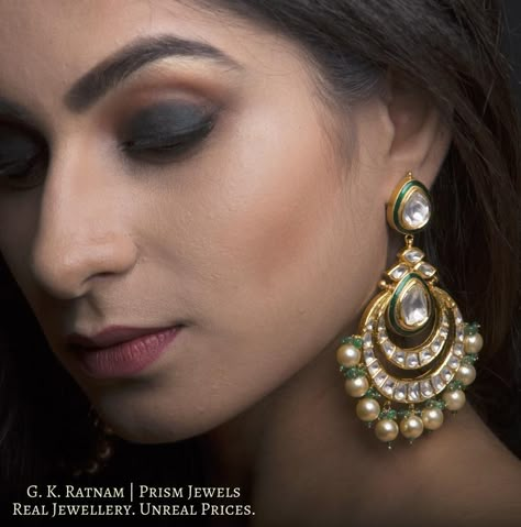 Chand Bali Earrings Gold, Polki Tops, Jadau Earrings, Designer Earrings Studs, Gold Enamel Jewelry, Chand Bali, Bridal Jewellery Earrings, Indian Wedding Jewelry Sets, Kundan Jewellery Set