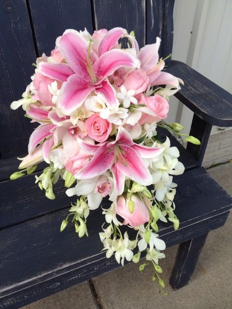 Stargazer Lily Bouquet, White Orchid Bouquet, Orchid Bouquet, Lily Wedding, Lily Bouquet, Stargazer Lily, Boquette Flowers, A Bouquet Of Flowers, Cascade Bouquet