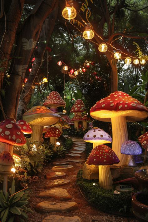 Enchanted Forest Alice In Wonderland, Eclectic Garden Decor, Trail Decorating Ideas, Enchanted Forest Playground, Fairy Forest Decor, Alice In Wonderland Yard Decor, Magic Garden Ideas, Diy Outdoor Fall Decor Ideas, Magical Forest Decor