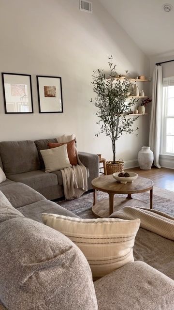 Organic Modern Decor Small Space, Dark Room Aesthetic Living Room, Organic Modern With Grey Couch, Farmhouse Organic Decor, Gray Apartment Living Room Cozy, Living Room Greige Couch, Simple Grey Living Room Ideas, Home Decor Grey Couch, Delaney Childs House