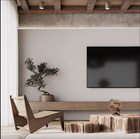 Tv On The Wall, Japandi Interior, Minimalism Interior, Rustic Interiors, Tv Room, Small Living Room, Tv Unit, Interior Inspo, Tv Wall