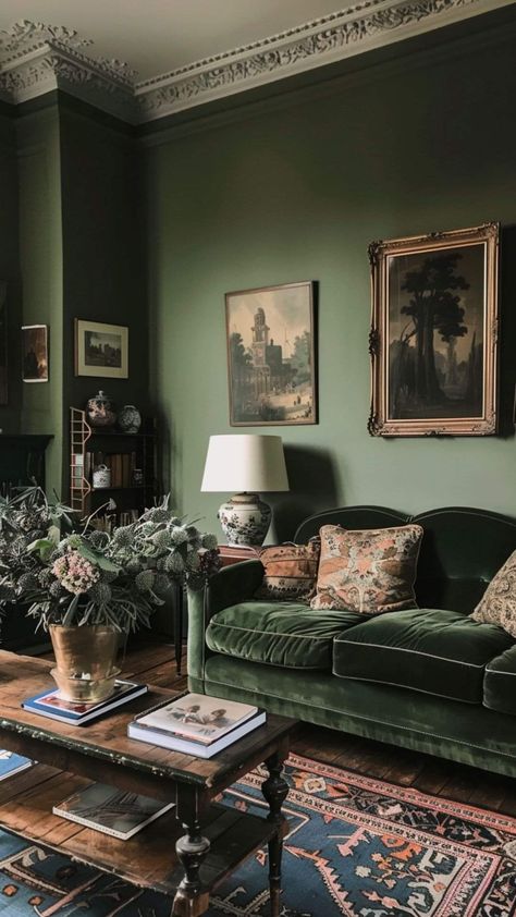 Moody Living Room, Jade Design, Victorian Living Room, Dark Home Decor, Casa Vintage, Green Walls, Vintage Living Room, Living Room Green, Green Rooms