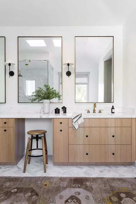 18 Bathroom Makeup Vanity Ideas That Are Worthy of a Glam Squad | Hunker Bathroom Remodel With Makeup Area, Double Sink Bathroom Makeup Vanity, 90” Bathroom Vanity, Makeup Counter Bathroom, Small Master Vanity Ideas, Makeup Space In Bathroom, Master Bath Vanity With Makeup Area Bedroom Vanities, Bath Vanity With Makeup Counter, Bathroom Cabinet With Makeup Vanity