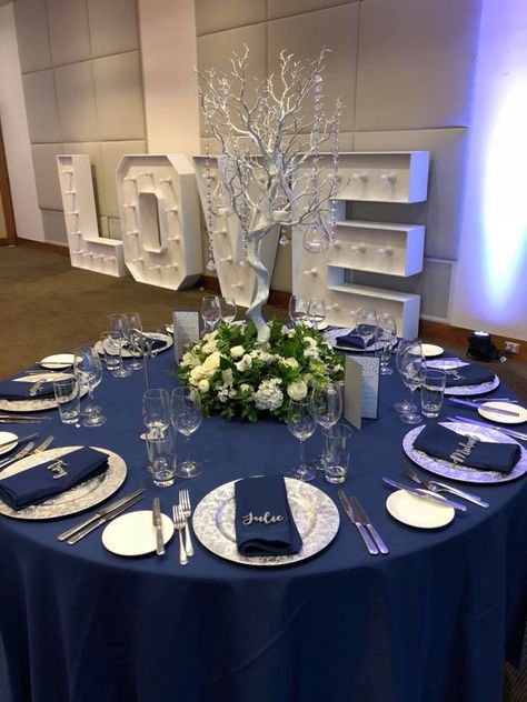 Silver Themed Wedding, Navy Wedding Reception, Silver Wedding Reception, Blue Table Decorations, Silver Wedding Theme, Blue Silver Weddings, Blue Table Settings, Navy Table, Silver Wedding Decorations