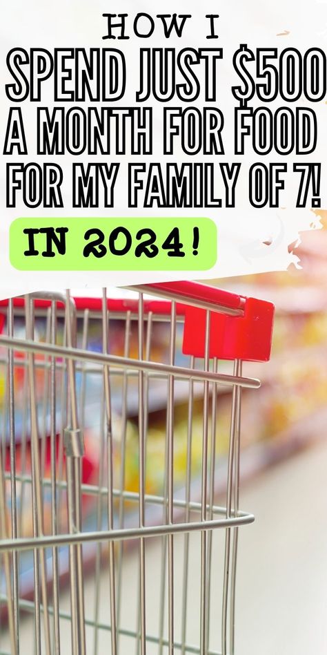 zoomed in image of grocery cart with text overlay that reads "how I spend just $500 a month for food for my family of 7 in 2024" How To Grocery Shop On A Budget Families, Money Saving Meal Plans, Frugal Monthly Meal Plan, Groceries On A Budget Families, Money Saving Grocery List, How To Buy Groceries On A Budget, 25 Dollar Grocery Budget, How To Buy Groceries For A Month, Grocery Hacks Saving Money