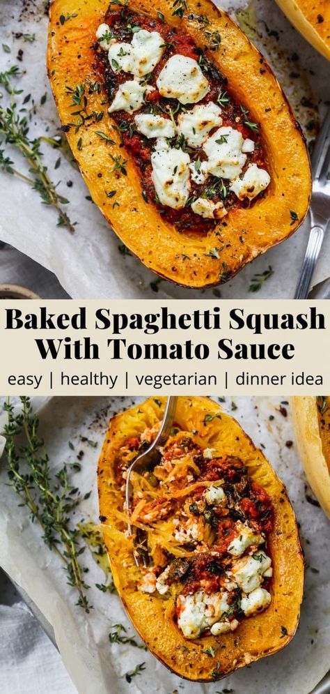 Baked Spaghetti Squash With Tomato Sauce | Walder Wellness, RD No Meat Dinners, Spaghetti Squash Recipes Vegan, Walder Wellness, Healthy Squash Recipes, Protein Vegetarian Recipes, Easy Baked Spaghetti, Cooking Spaghetti Squash, Spaghetti Squash Recipe, Vegetarian Spaghetti