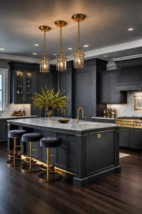 150 + kitchen designs, kitchen design ideas, small or big size, digital download | eBay Kitchen Design With Blue Cabinets, Navy Kitchen Cabinets, Kitchen Open Concept, Navy Blue Kitchen Cabinets, Dark Blue Kitchens, Blue Kitchen Designs, Home Designs Exterior, Navy Kitchen, Kabinet Dapur