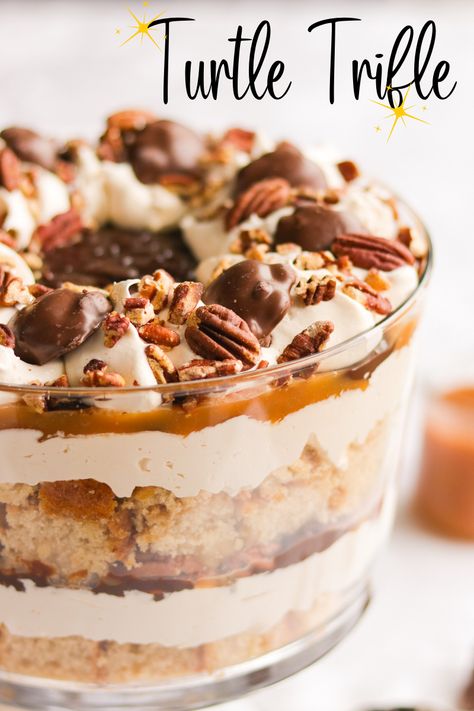 Turtle Trifle Dessert, Easter Trifle Recipes, Thanksgiving Truffle Bowl, Almond Joy Trifle, Turtle Dessert Recipes, Turtle Cheesecake Shooters, Turtle Lasagna Dessert, Truffle Dish Desserts, Biscoff Trifle